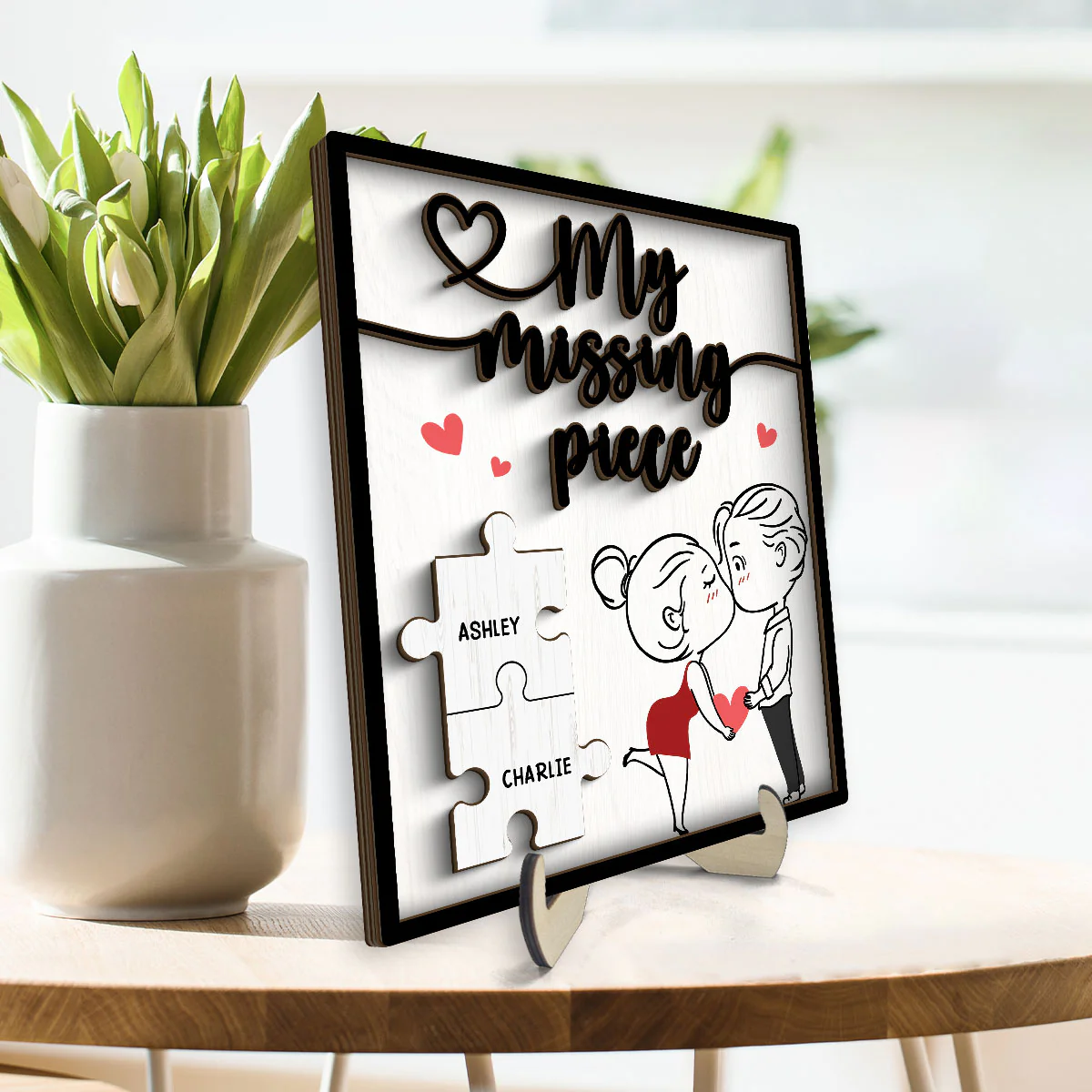 My Missing Piece Line Art Couple Valentine‘s Day Gift For Her Gift For Him Personalized 2-Layer Wooden Plaque - Image 3