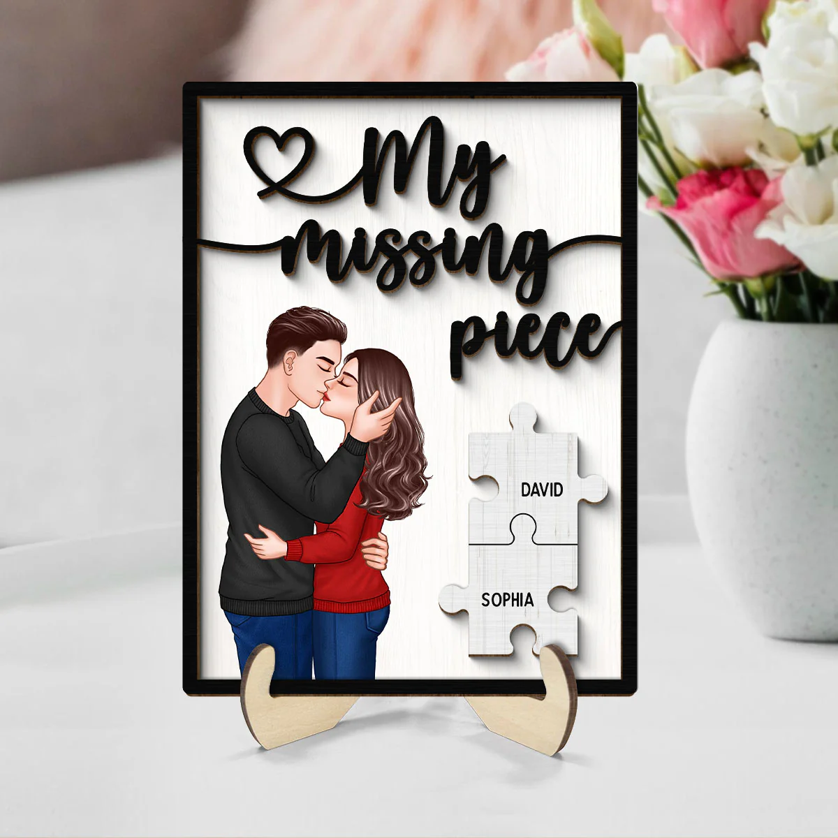 My Missing Piece Romantic Couple Kissing Valentine‘s Day Gift For Her Gift For Him Personalized 2-Layer Wooden Plaque - Image 2