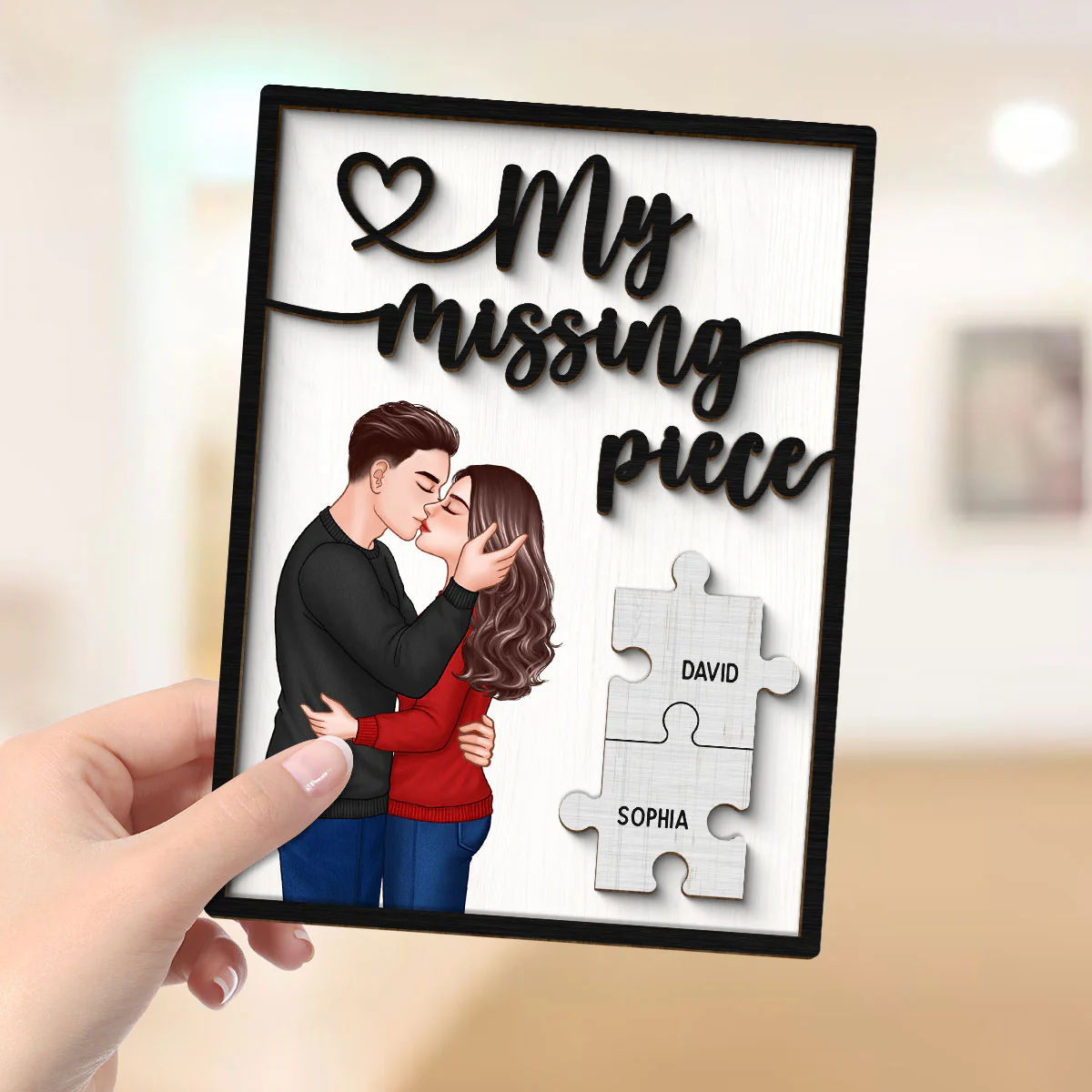 My Missing Piece Romantic Couple Kissing Valentine‘s Day Gift For Her Gift For Him Personalized 2-Layer Wooden Plaque - Image 4