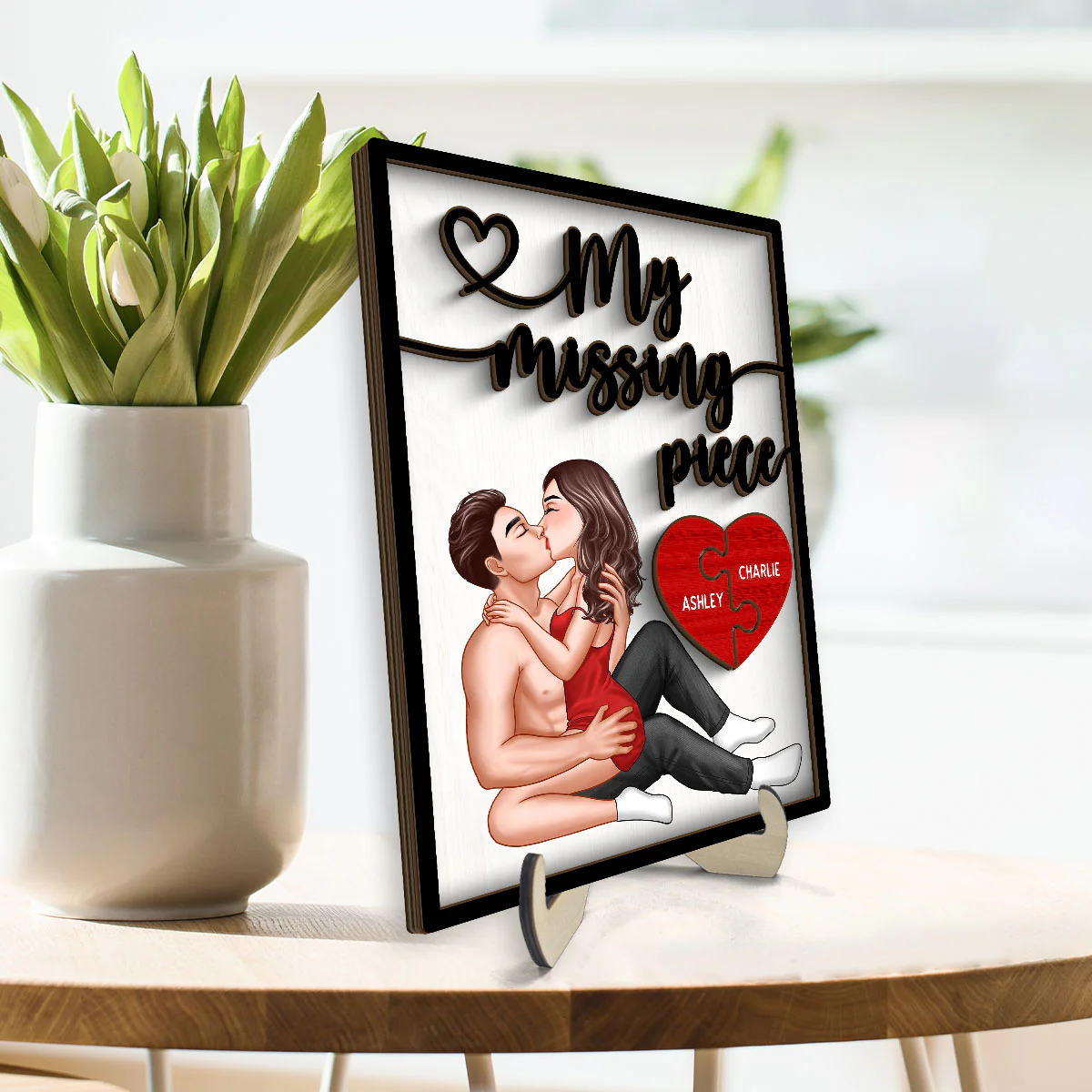 My Missing Piece Sexy Couple Kissing Valentine‘s Day Gift For Her Gift For Him Personalized 2-Layer Wooden Plaque - Image 3