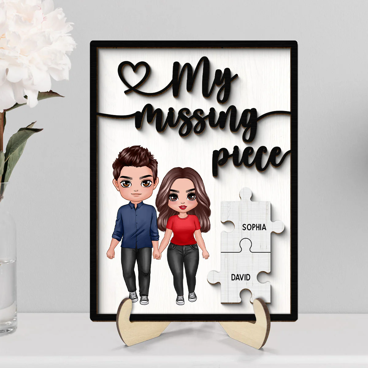 My Missing Piece Valentine‘s Day Doll Couple Standing Gift For Her Gift For Him Personalized 2-Layer Wooden Plaque - Image 2