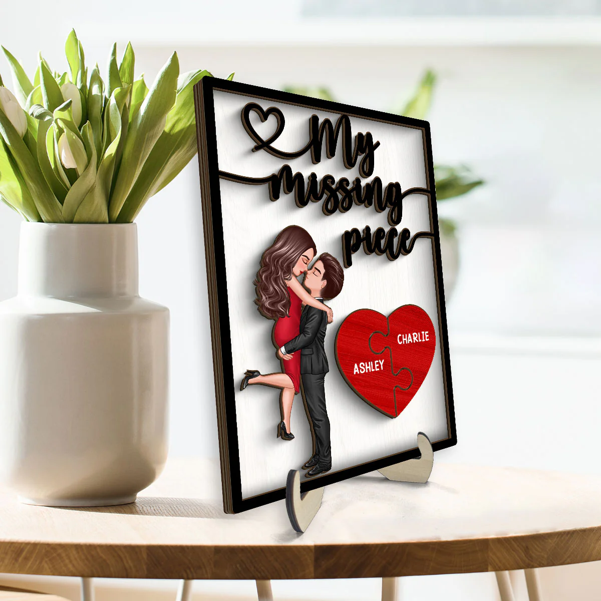 My Missing Piece Valentine‘s Day Gift For Her Gift For Him Heart Pieces Personalized 2-Layer Wooden Plaque - Image 3