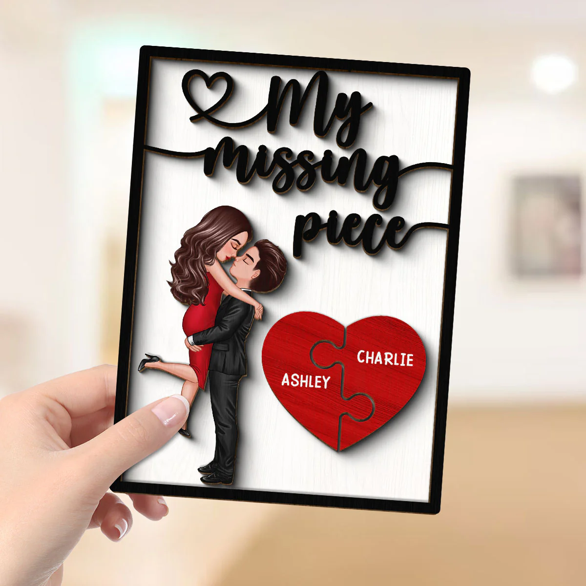 My Missing Piece Valentine‘s Day Gift For Her Gift For Him Heart Pieces Personalized 2-Layer Wooden Plaque - Image 4