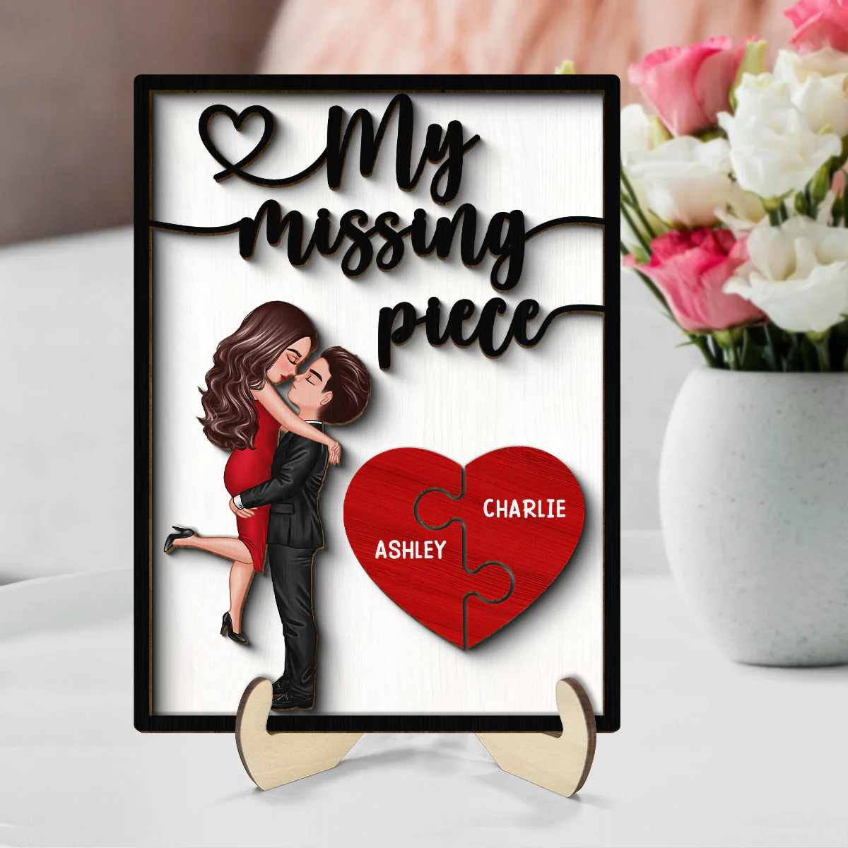 My Missing Piece Valentine‘s Day Gift For Her Gift For Him Heart Pieces Personalized 2-Layer Wooden Plaque - Image 7