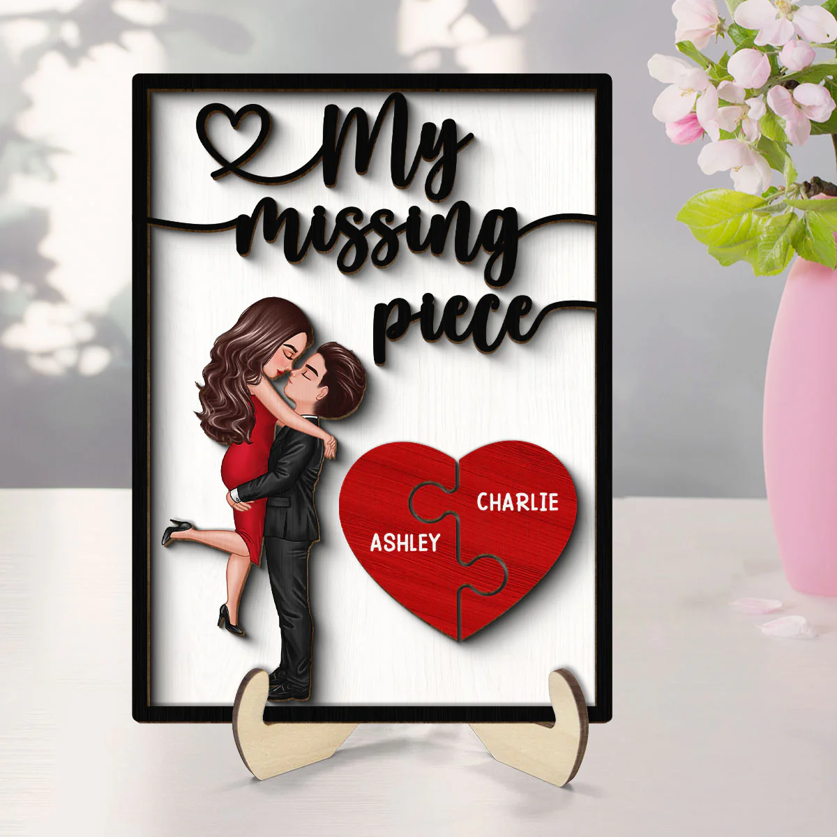 My Missing Piece Valentine‘s Day Gift For Her Gift For Him Heart Pieces Personalized 2-Layer Wooden Plaque - Image 8