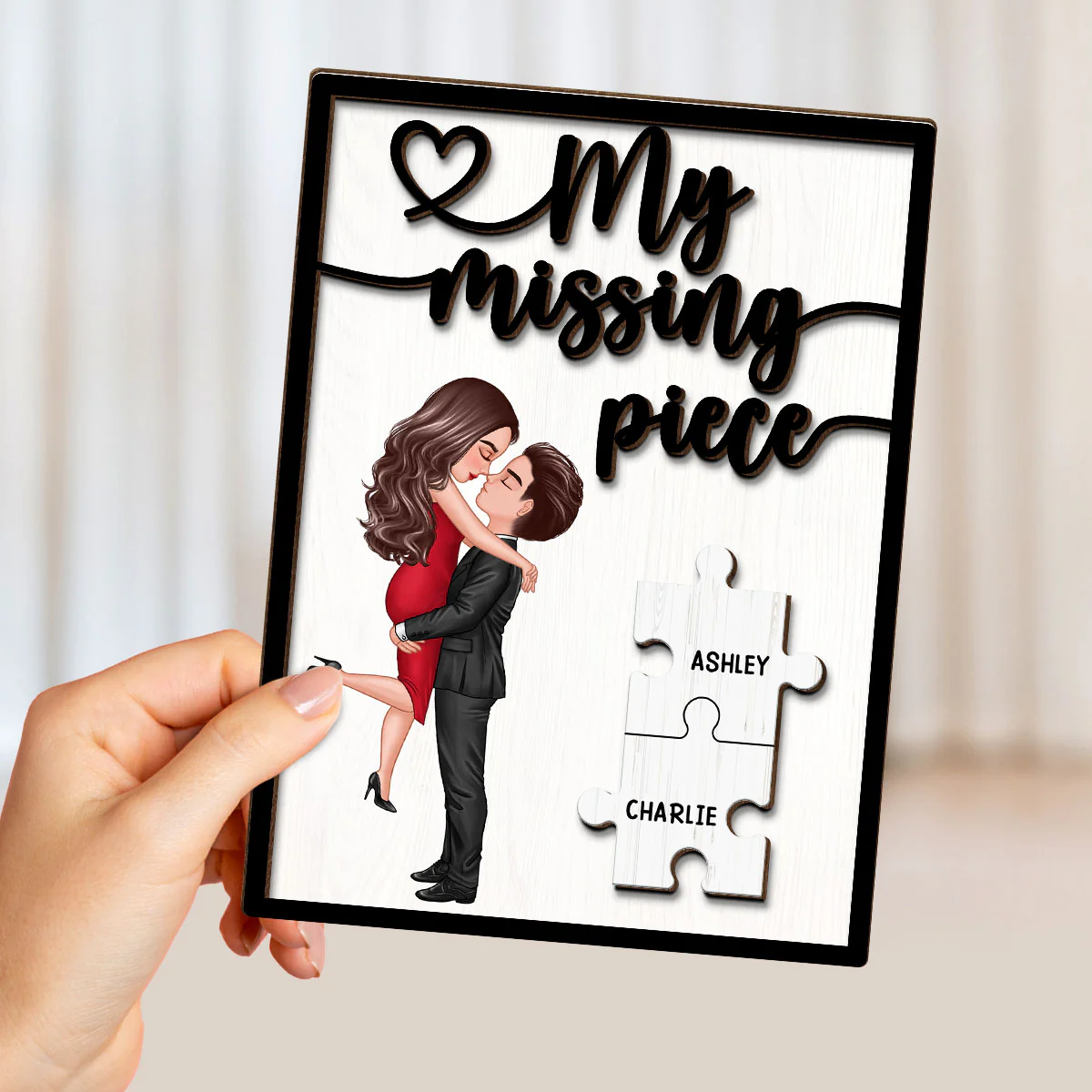 My Missing Piece Hugging Kissing Couple - Personalized 2-Layered Wooden Plaque - Anniversary Gift For Couple, For Dad Mom - Image 4