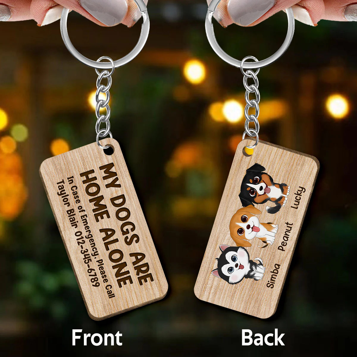 My Pets Home Alone Watercolor Dog Cat Personalized Wooden Keychain - Image 3