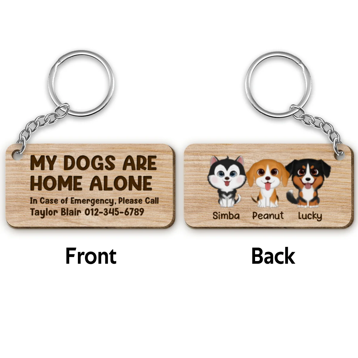 My Pets Home Alone Watercolor Dog Cat Personalized Wooden Keychain - Image 4