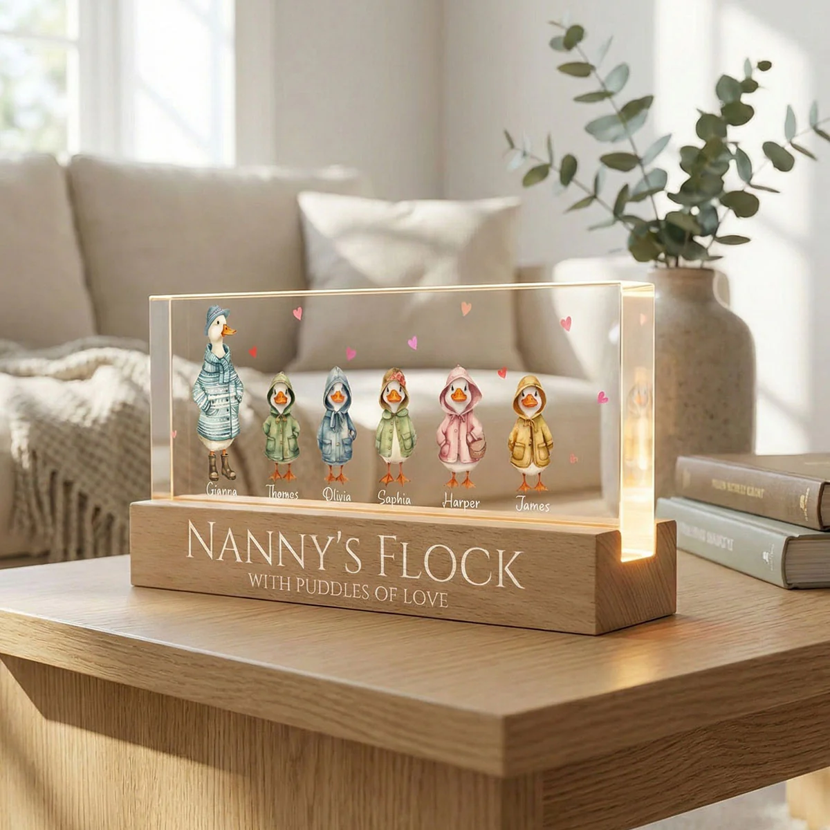 Nanny's Flock Gift For Grandma Nana Grammy Cute Watercolor Ducks - Personalised Acrylic Block LED Night Light - Mother's Day Gift - Image 2