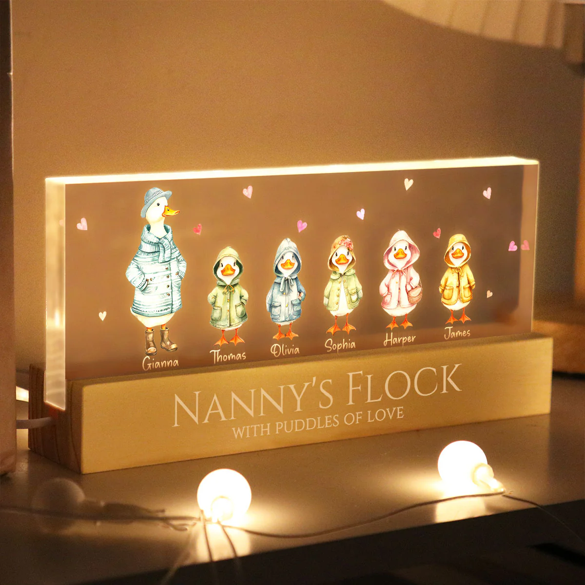 Nanny's Flock Gift For Grandma Nana Grammy Cute Watercolor Ducks - Personalised Acrylic Block LED Night Light - Mother's Day Gift - Image 3