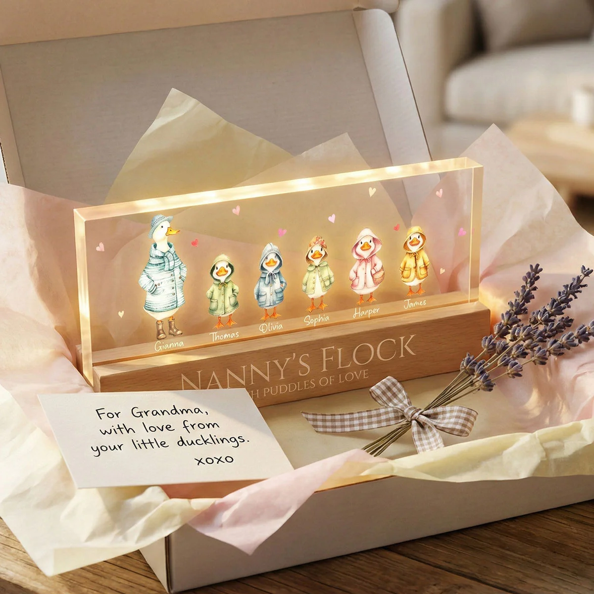 Nanny's Flock Gift For Grandma Nana Grammy Cute Watercolor Ducks - Personalised Acrylic Block LED Night Light - Mother's Day Gift - Image 4