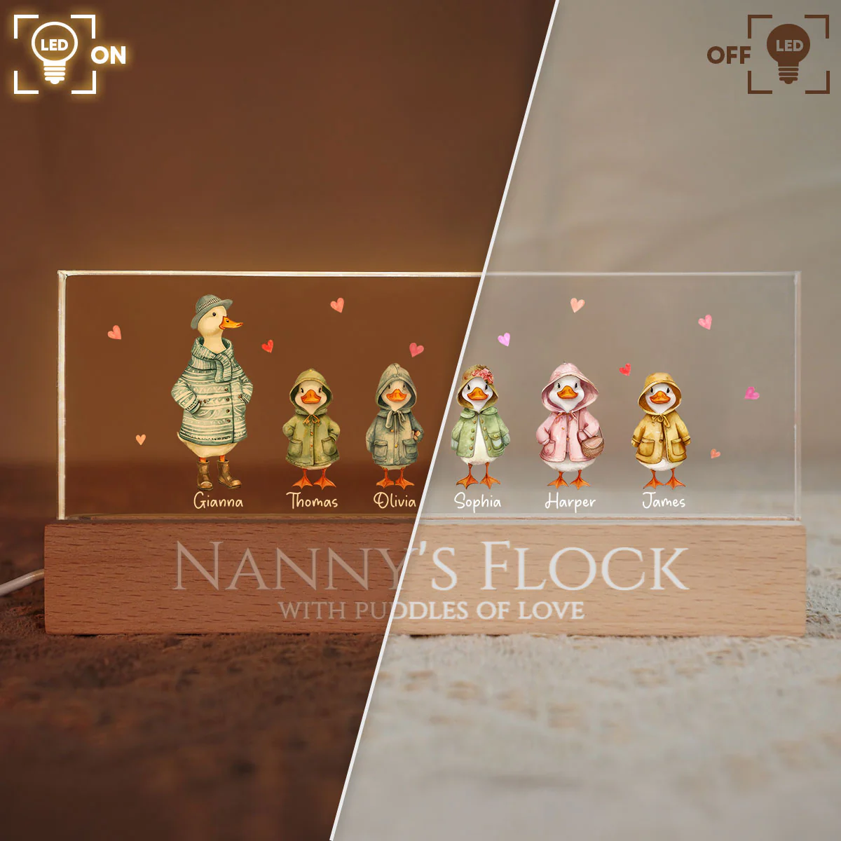 Nanny's Flock Gift For Grandma Nana Grammy Cute Watercolor Ducks - Personalised Acrylic Block LED Night Light - Mother's Day Gift - Image 5