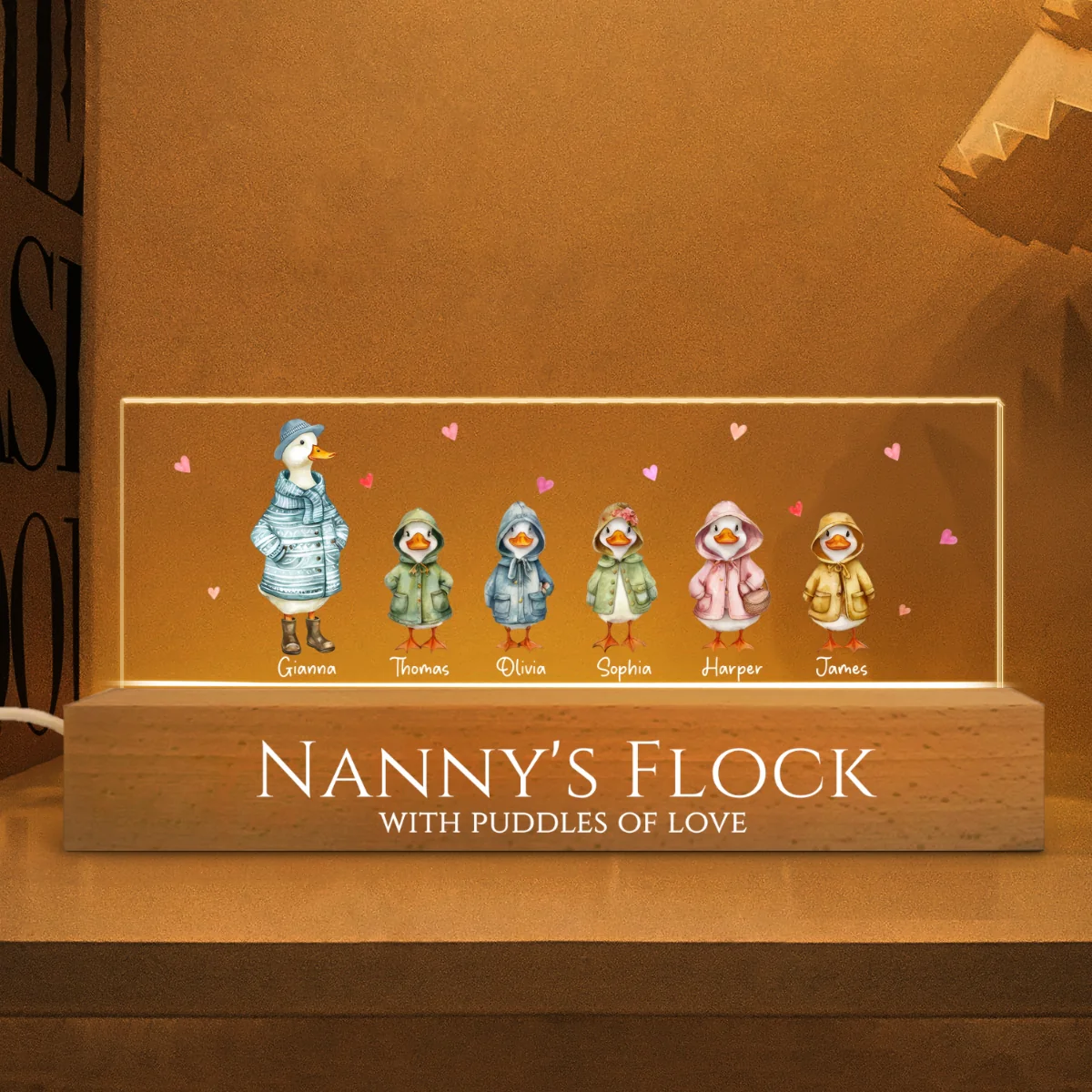 Nanny's Flock Gift For Grandma Nana Grammy Cute Watercolor Ducks - Personalised Acrylic Block LED Night Light - Mother's Day Gift - Image 9