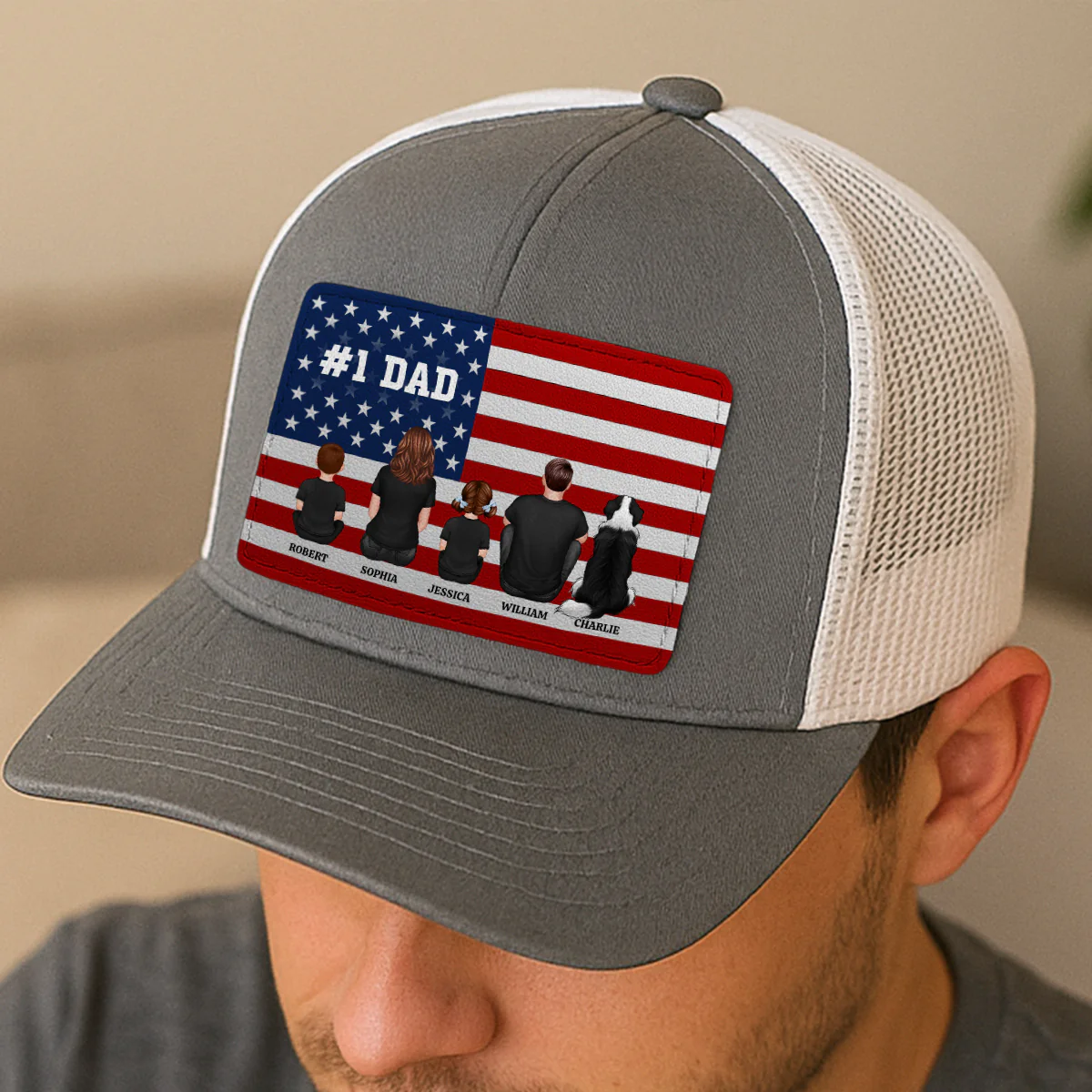 Nation Flag Dad And Kids Sitting Personalized Leather Patch Hat, Gift For Dad - Image 10