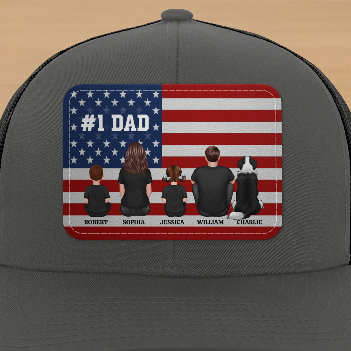 Nation Flag Dad And Kids Sitting Personalized Leather Patch Hat, Gift For Dad - Image 18