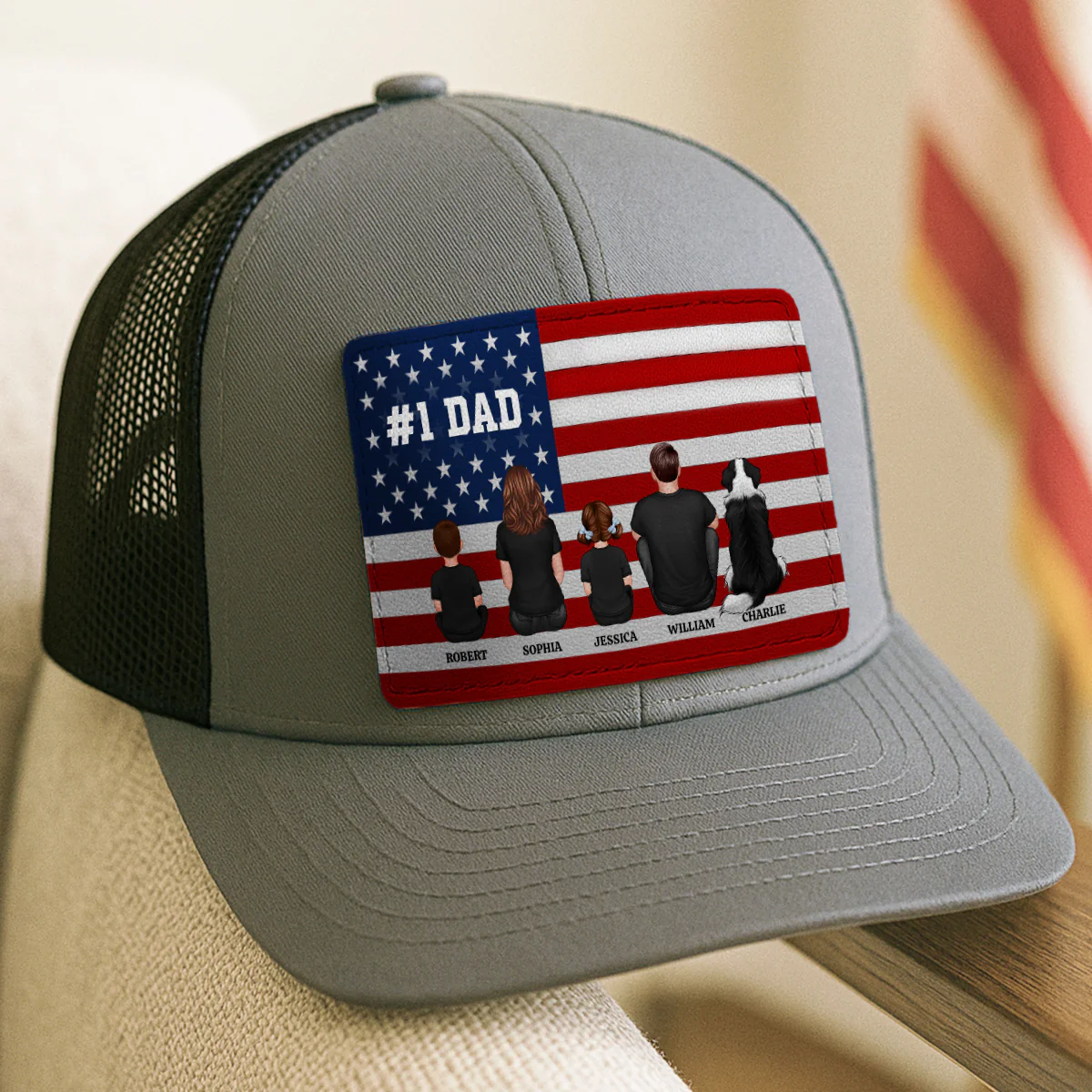 Nation Flag Dad And Kids Sitting Personalized Leather Patch Hat, Gift For Dad - Image 4
