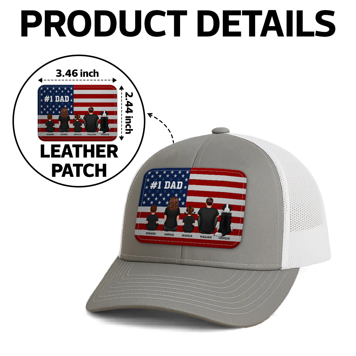 Nation Flag Dad And Kids Sitting Personalized Leather Patch Hat, Gift For Dad - Image 5