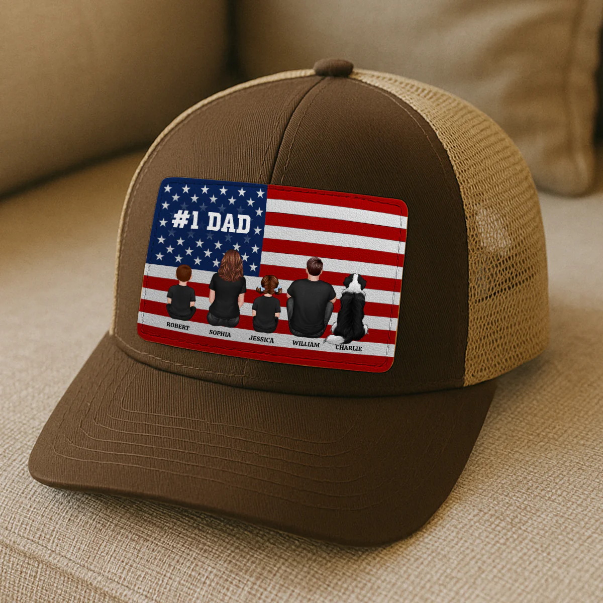 Nation Flag Dad And Kids Sitting Personalized Leather Patch Hat, Gift For Dad - Image 7