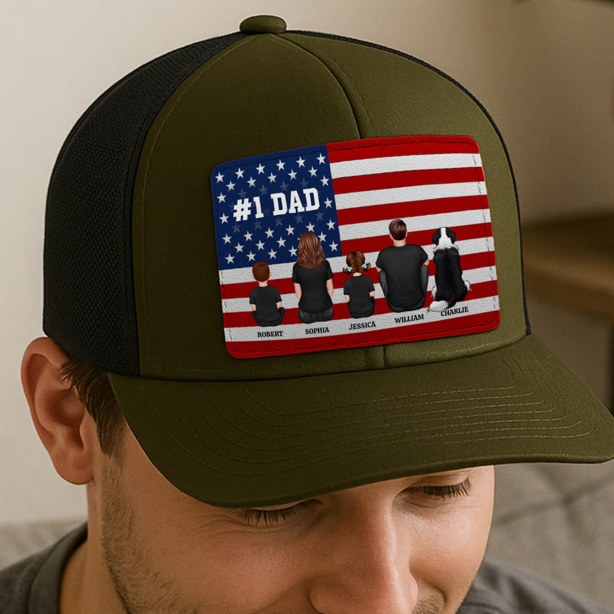 Nation Flag Dad And Kids Sitting Personalized Leather Patch Hat, Gift For Dad - Image 8