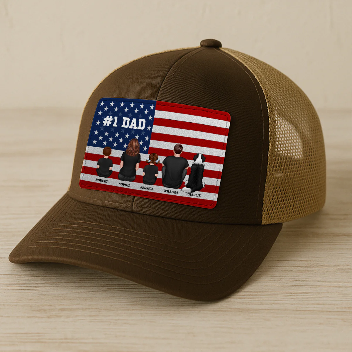 Nation Flag Dad And Kids Sitting Personalized Leather Patch Hat, Gift For Dad - Image 9