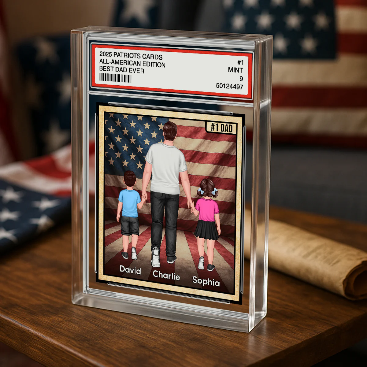 Nation Flag Dad & Kids Walking Patriotic Dad Trading Card Style Personalized Acrylic Block Plaque - Image 4