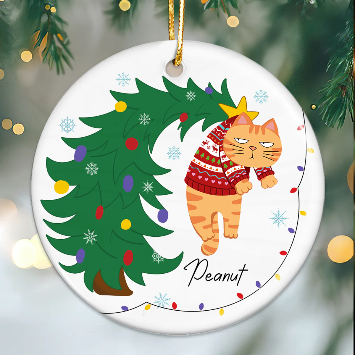 Naughty Cat Hanging On Christmas Tree Personalized Ceramic Ornament, Gift For Cat Lover - Image 3