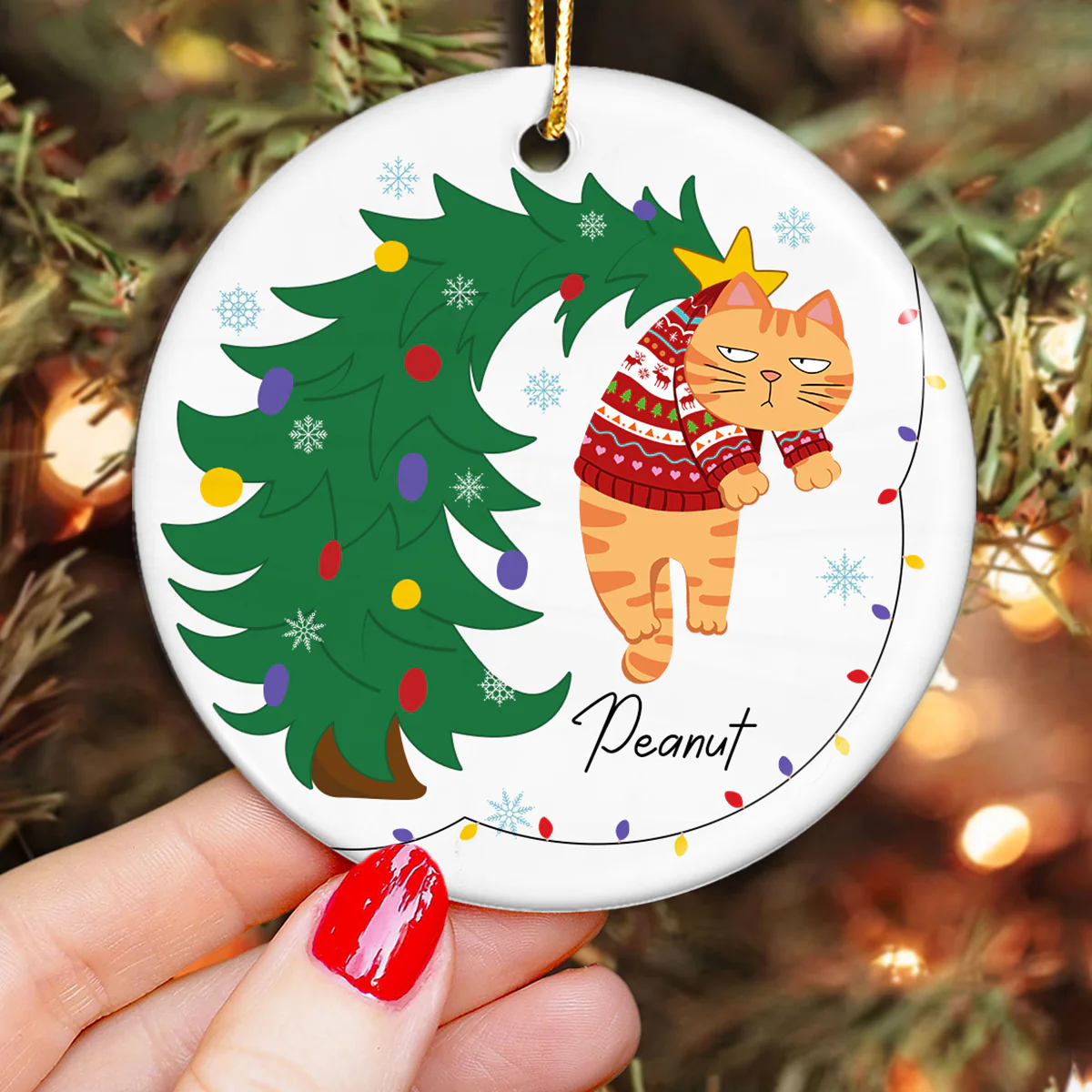 Naughty Cat Hanging On Christmas Tree Personalized Ceramic Ornament, Gift For Cat Lover - Image 4