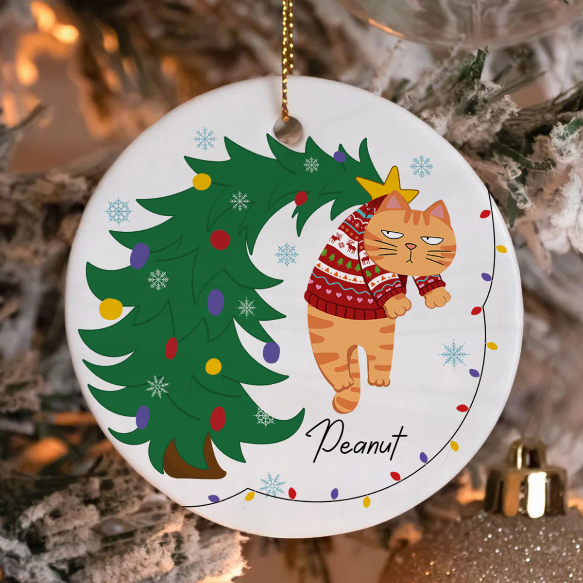 Naughty Cat Hanging On Christmas Tree Personalized Ceramic Ornament, Gift For Cat Lover - Image 6
