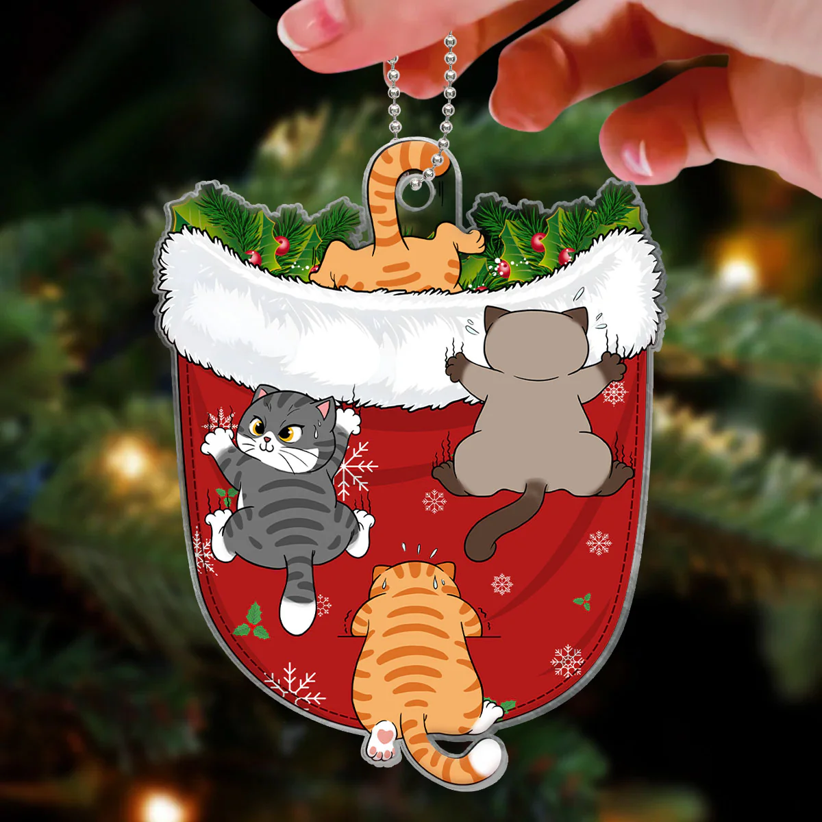 Naughty Cats Climbing Christmas Pocket Personalized Acrylic Ornament - Image 3