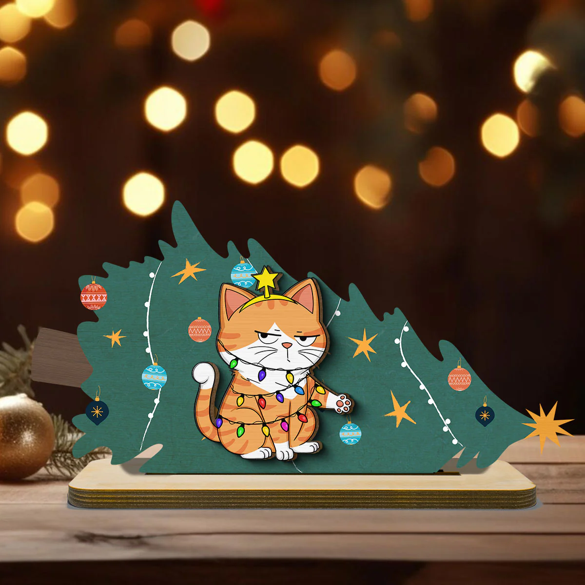 Naughty Cats Fallen Christmas Tree Personalized 2-Layer Standing Wooden Plaque - Image 3