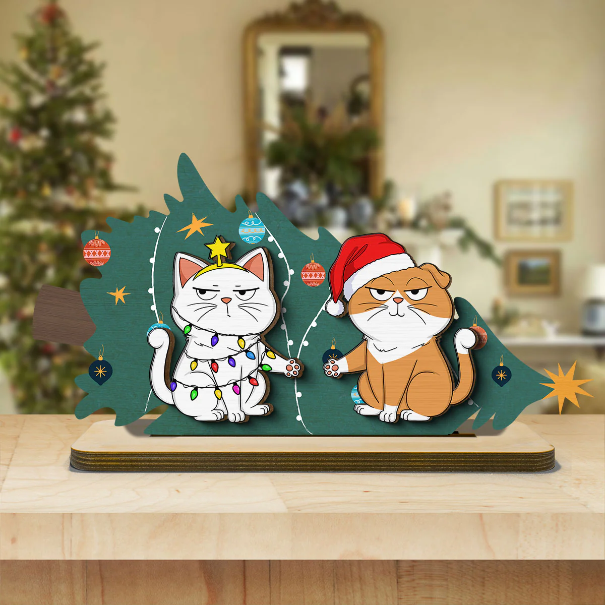 Naughty Cats Fallen Christmas Tree Personalized 2-Layer Standing Wooden Plaque - Image 5