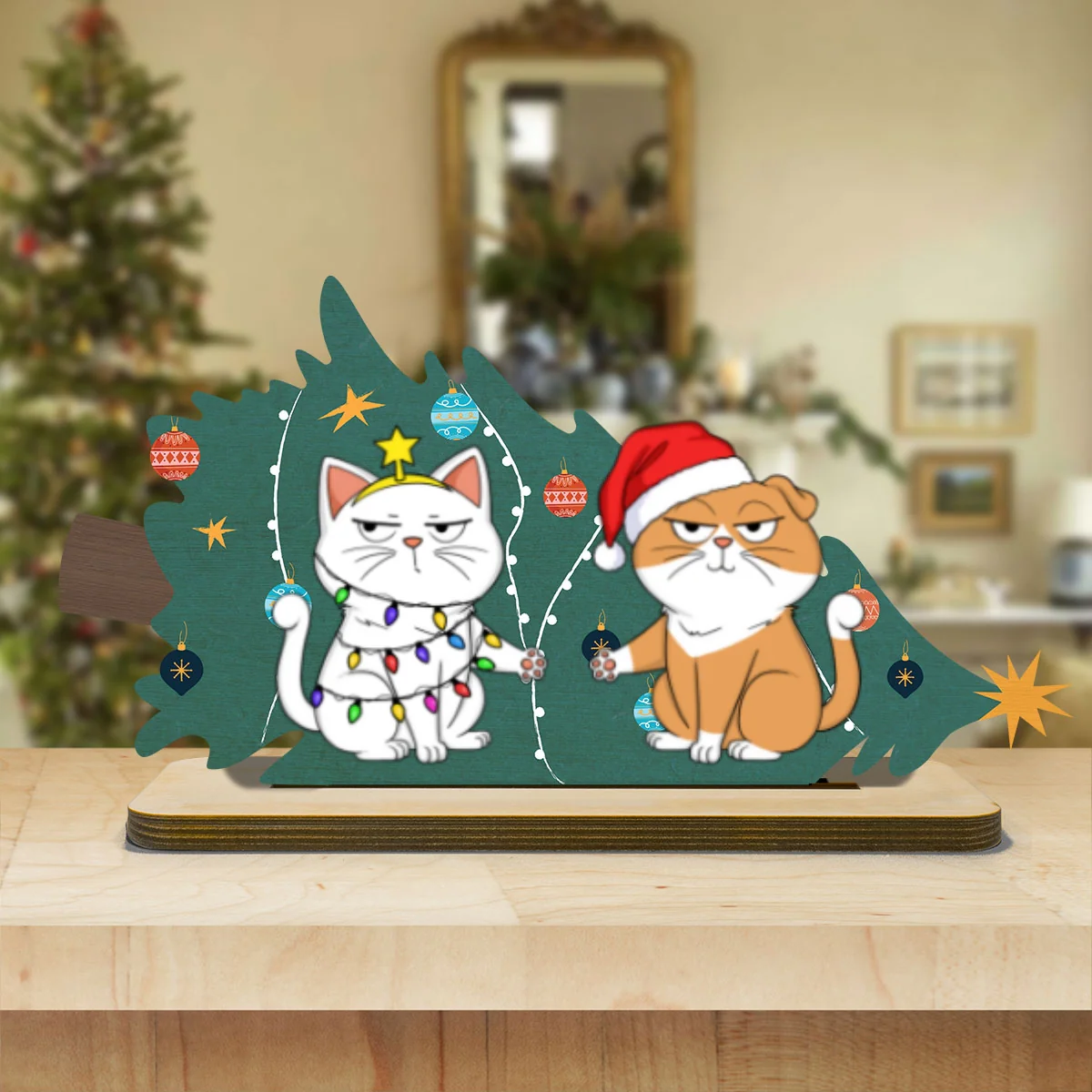 Naughty Cats Fallen Christmas Tree Personalized 2-Layer Standing Wooden Plaque - Image 9