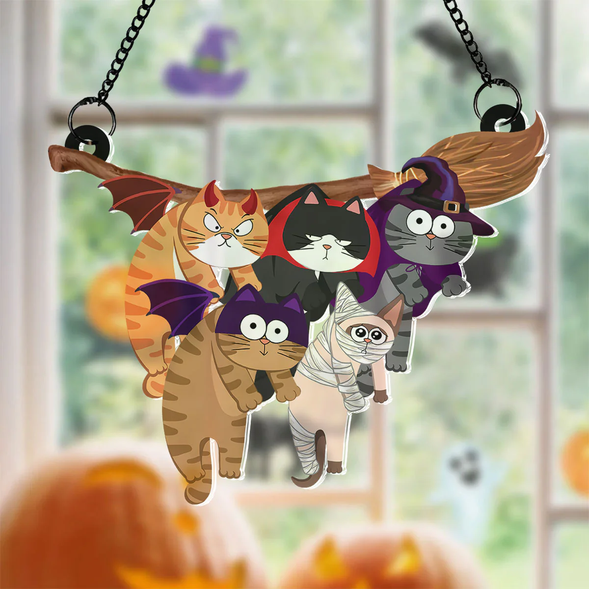Naughty Cats Hanging On Halloween Broom Personalized Suncatcher, Halloween Decor - Image 2