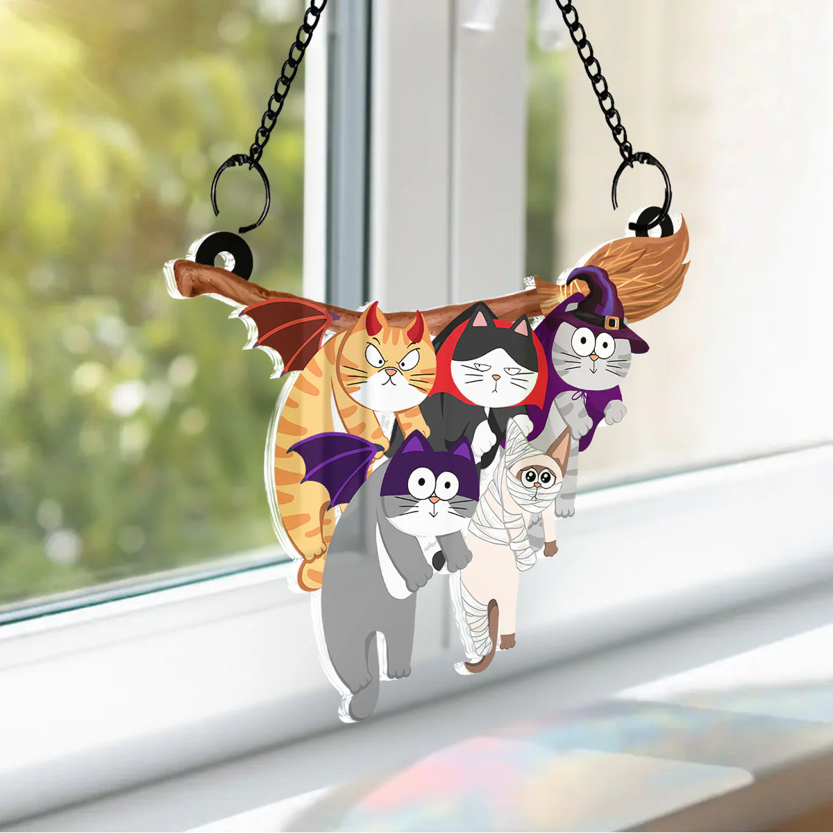 Naughty Cats Hanging On Halloween Broom Personalized Suncatcher, Halloween Decor - Image 6