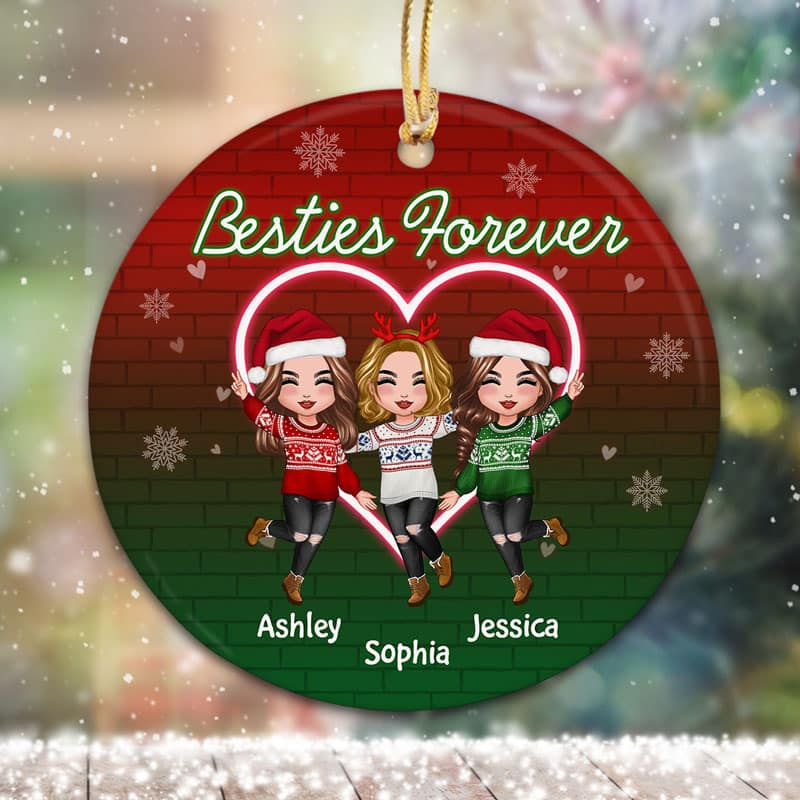 Neon Heart Happy Doll Besties Sisters Christmas Personalized Circle Ornament - Image 3