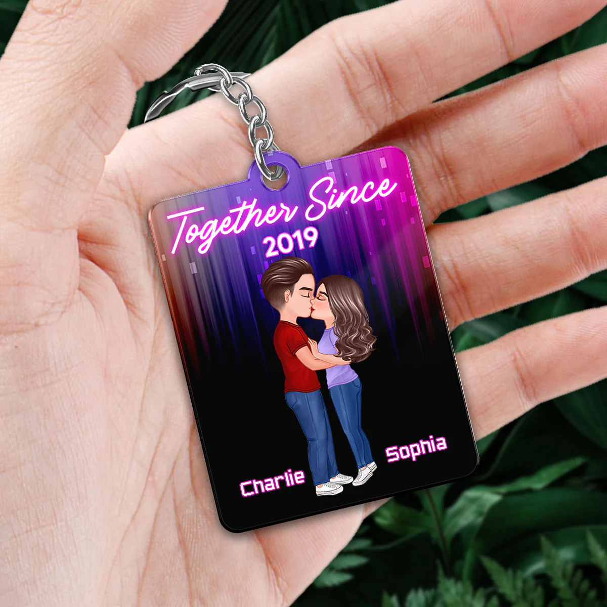 Neon Light Doll Couple Kissing Favorite Song QR Code Personalized Acrylic Keychain - Image 2
