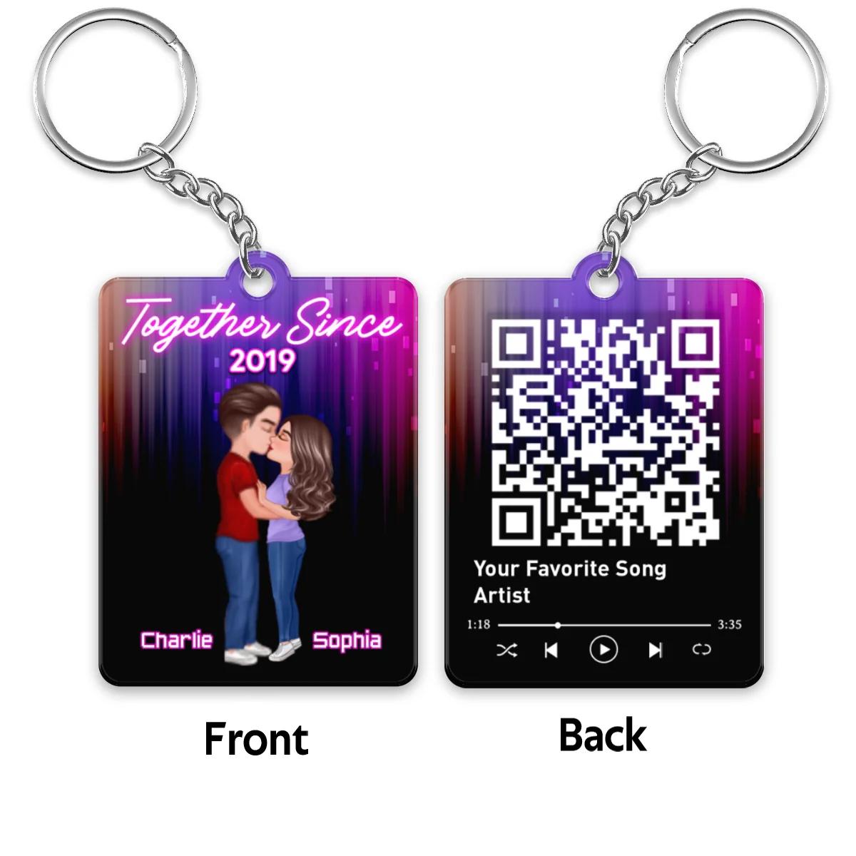 Neon Light Doll Couple Kissing Favorite Song QR Code Personalized Acrylic Keychain - Image 4