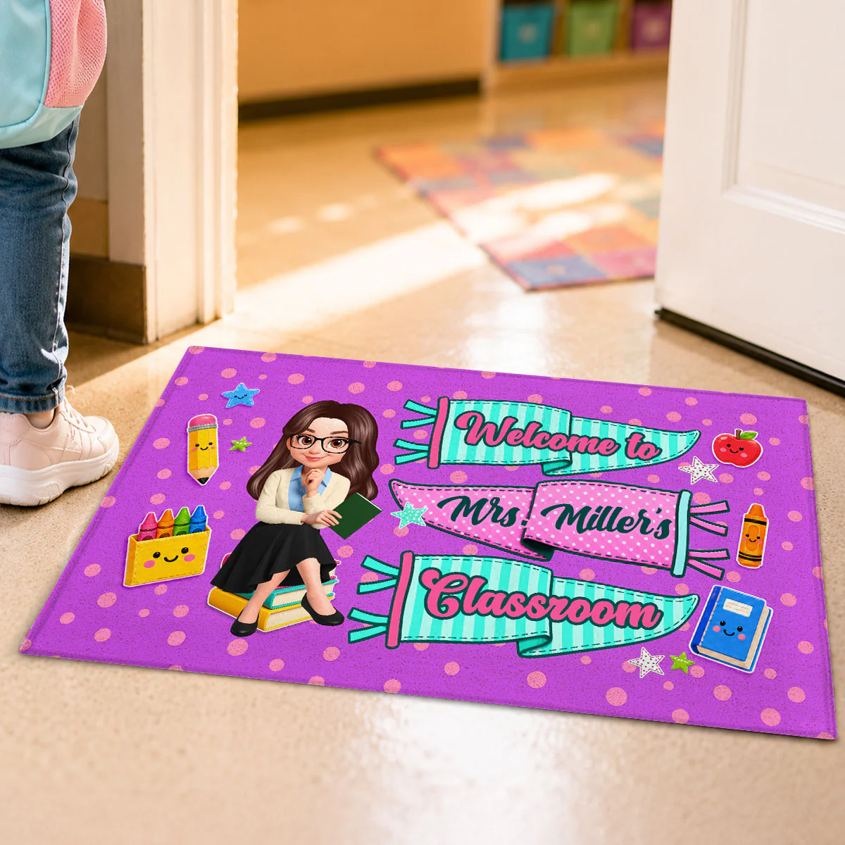 Neon Pennants Flags Teacher Welcome To Classroom - Personalized Doormat - Back To School Gift For Teacher, Classroom Decor - Image 6