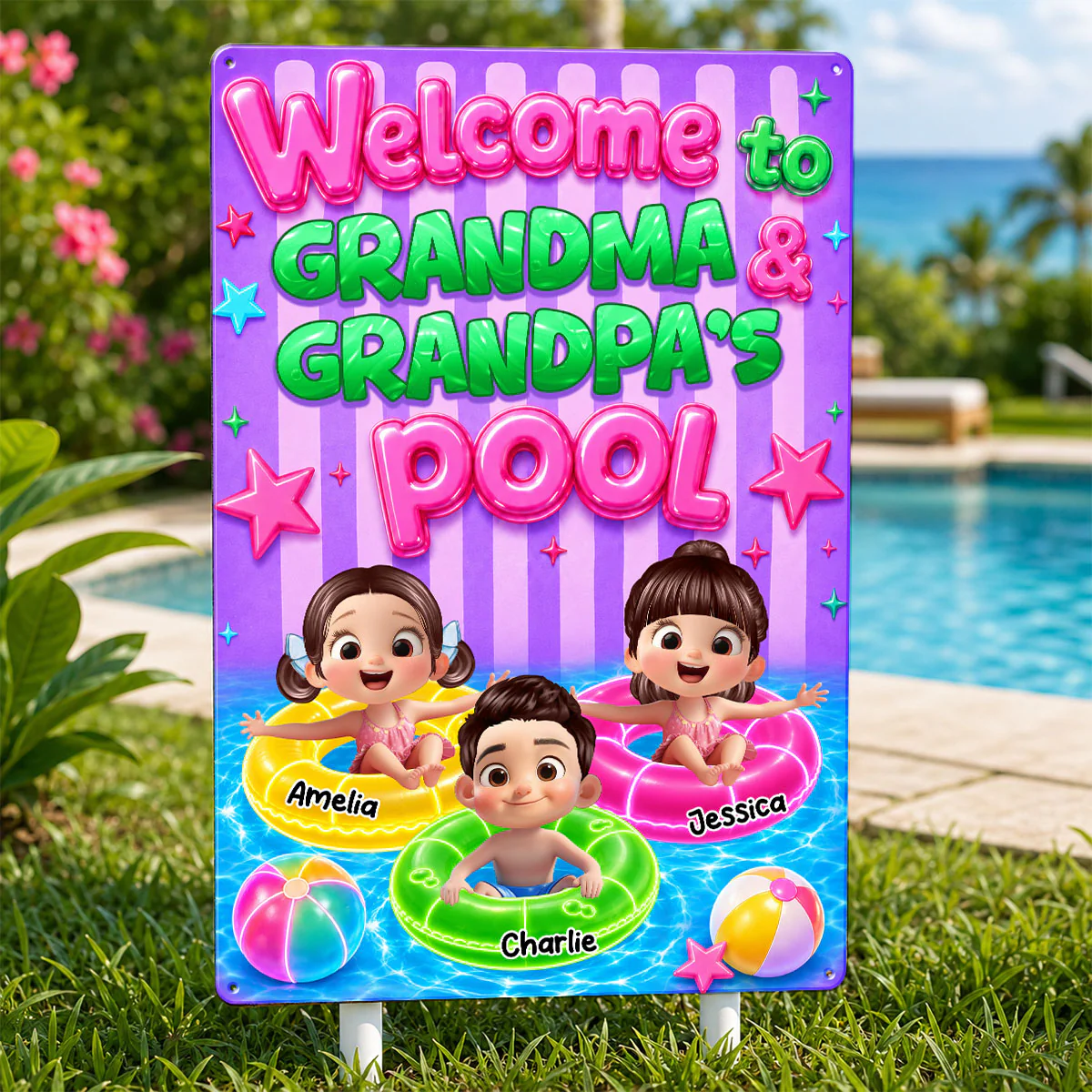 Neon Stripe Summer Welcome to Grandma Grandpa's Pool - Personalized Metal Sign - Trendy Summer Decor - Image 4