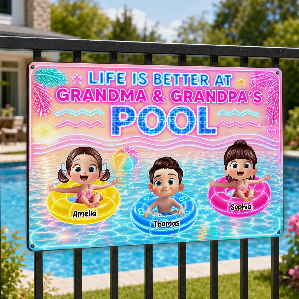 Neon Summer Life is Better in Grandma Grandpa's Pool - Personalized Metal Sign - Summer Decor Gift for Grandma, Grandparents - Image 2
