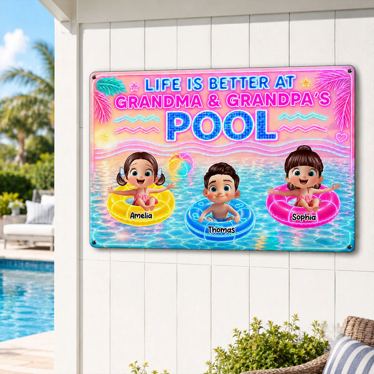 Neon Summer Life is Better in Grandma Grandpa's Pool - Personalized Metal Sign - Summer Decor Gift for Grandma, Grandparents - Image 3