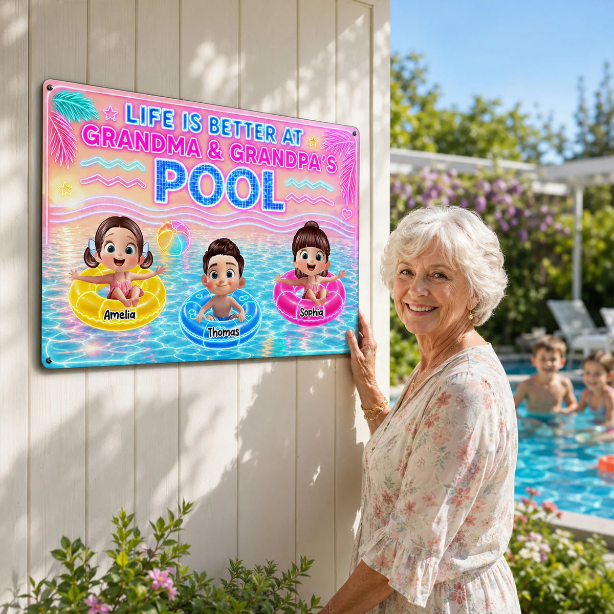 Neon Summer Life is Better in Grandma Grandpa's Pool - Personalized Metal Sign - Summer Decor Gift for Grandma, Grandparents - Image 4