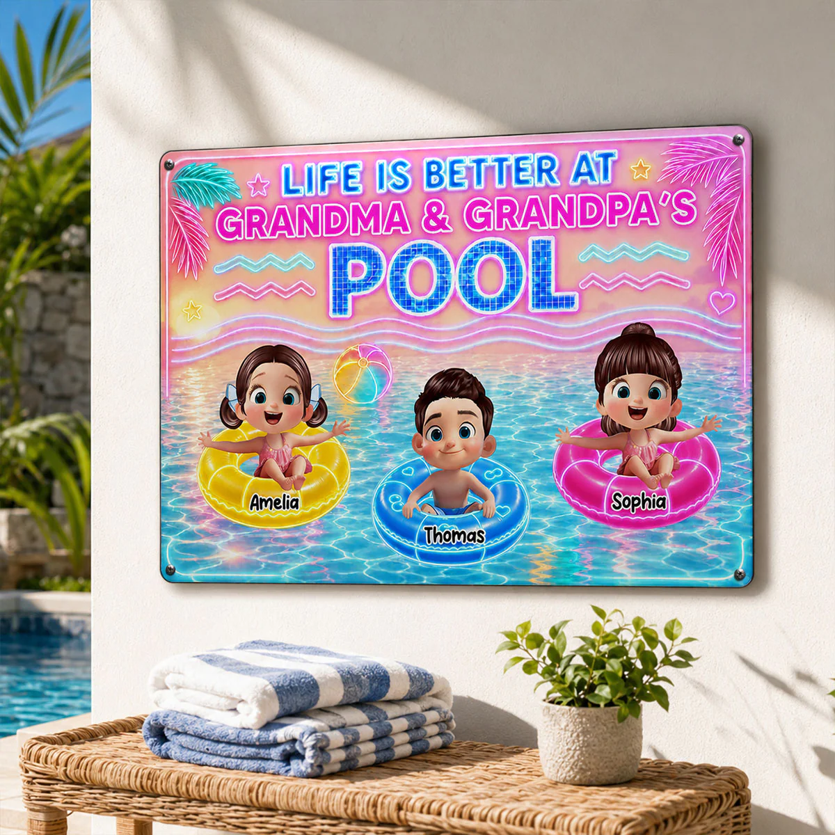 Neon Summer Life is Better in Grandma Grandpa's Pool - Personalized Metal Sign - Summer Decor Gift for Grandma, Grandparents - Image 5