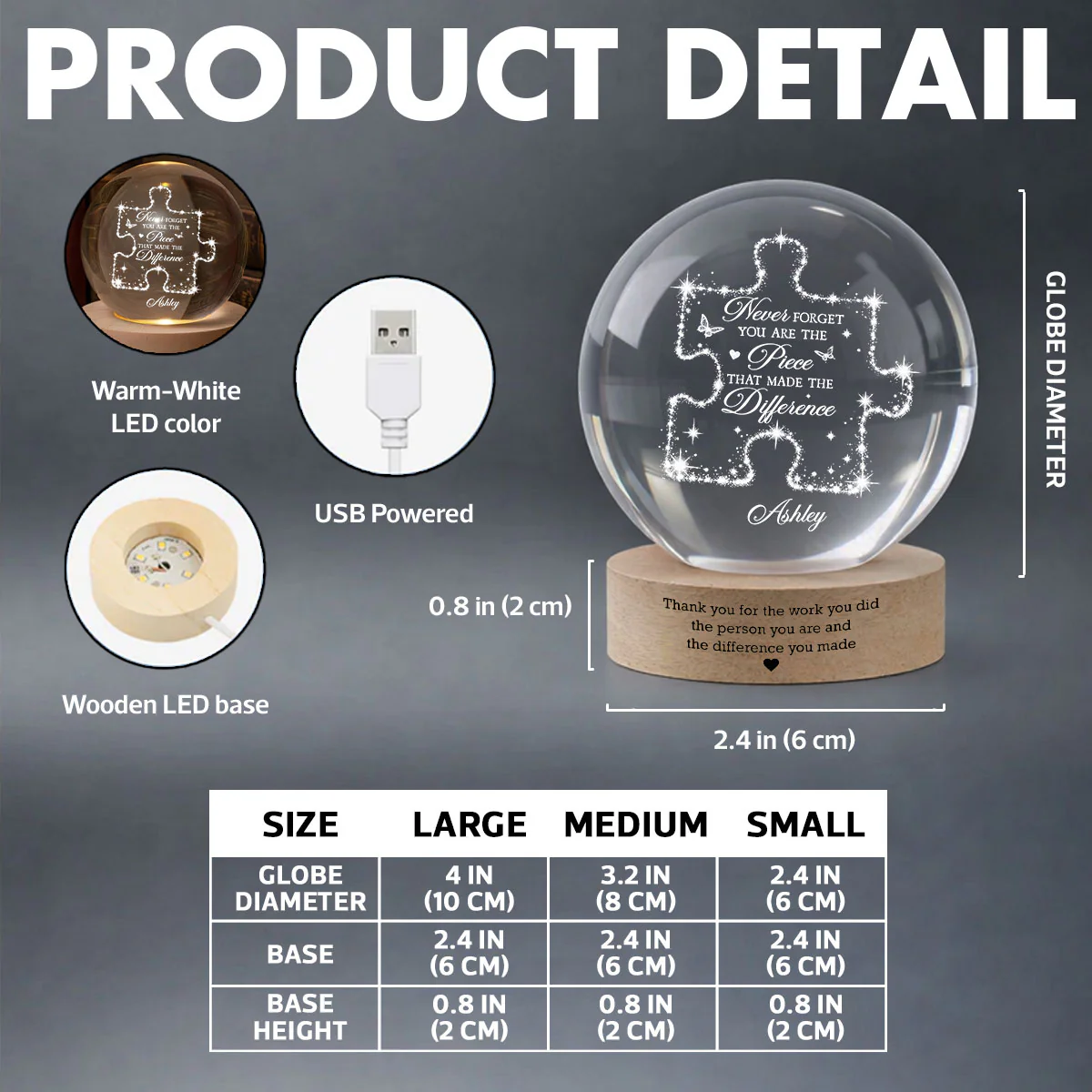 Never Forget The Difference You Make - Personalized Crystal Ball LED Night Light - Thank You Gift for Coworkers, Appreciation Gift, Gift For Teacher, Employee Leaving Gift, Gifts for Mentor - Image 7