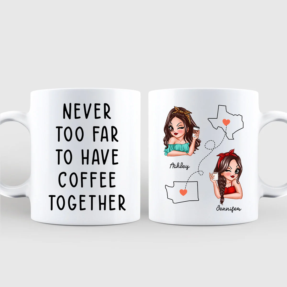 Never Too Far To Have Coffee Together, Long Distance State To State Gift Mug, Personalized Long Distance Friendship Gift