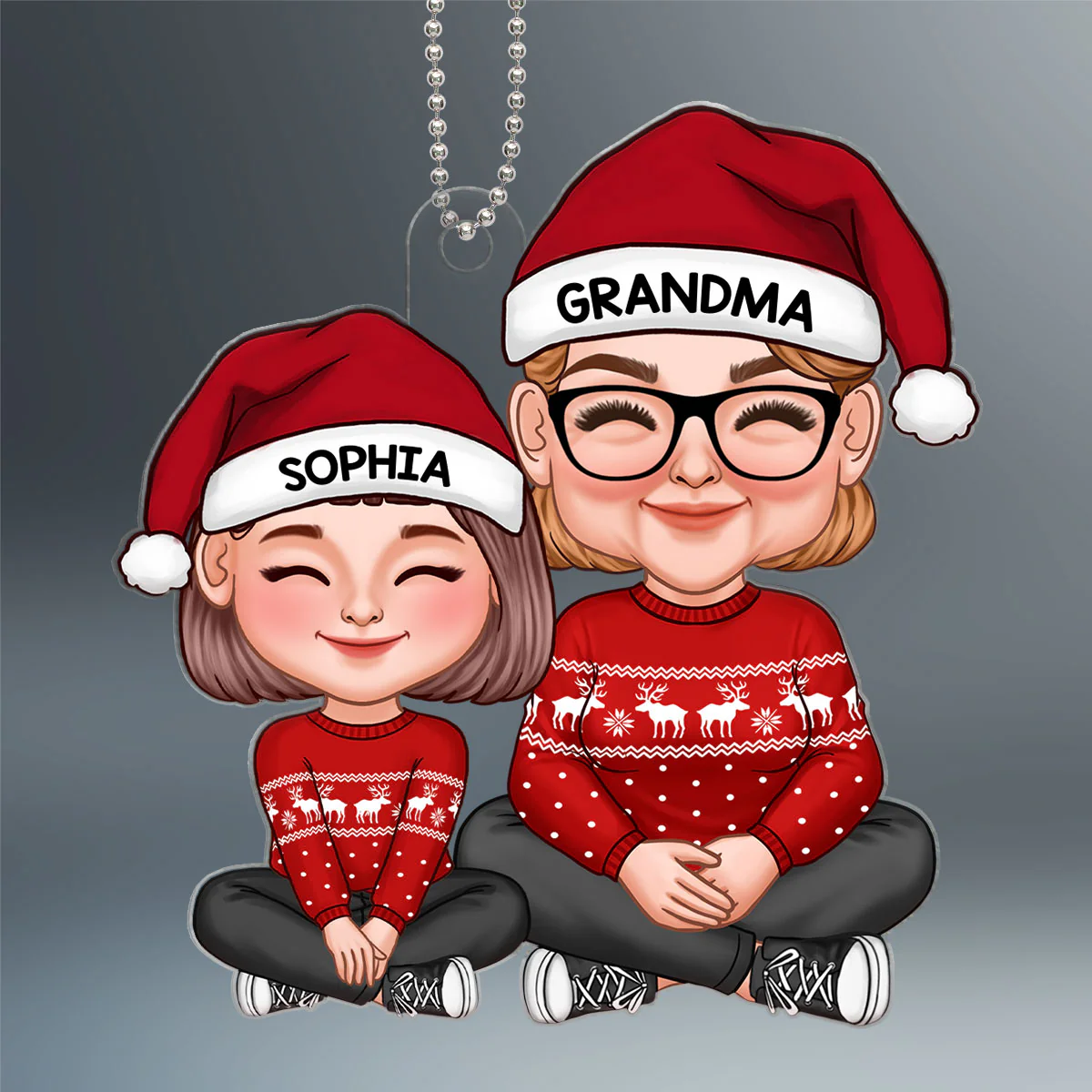 New Cartoon Grandma & Grandkid Sitting Together Personalized Acrylic Ornament - Image 2