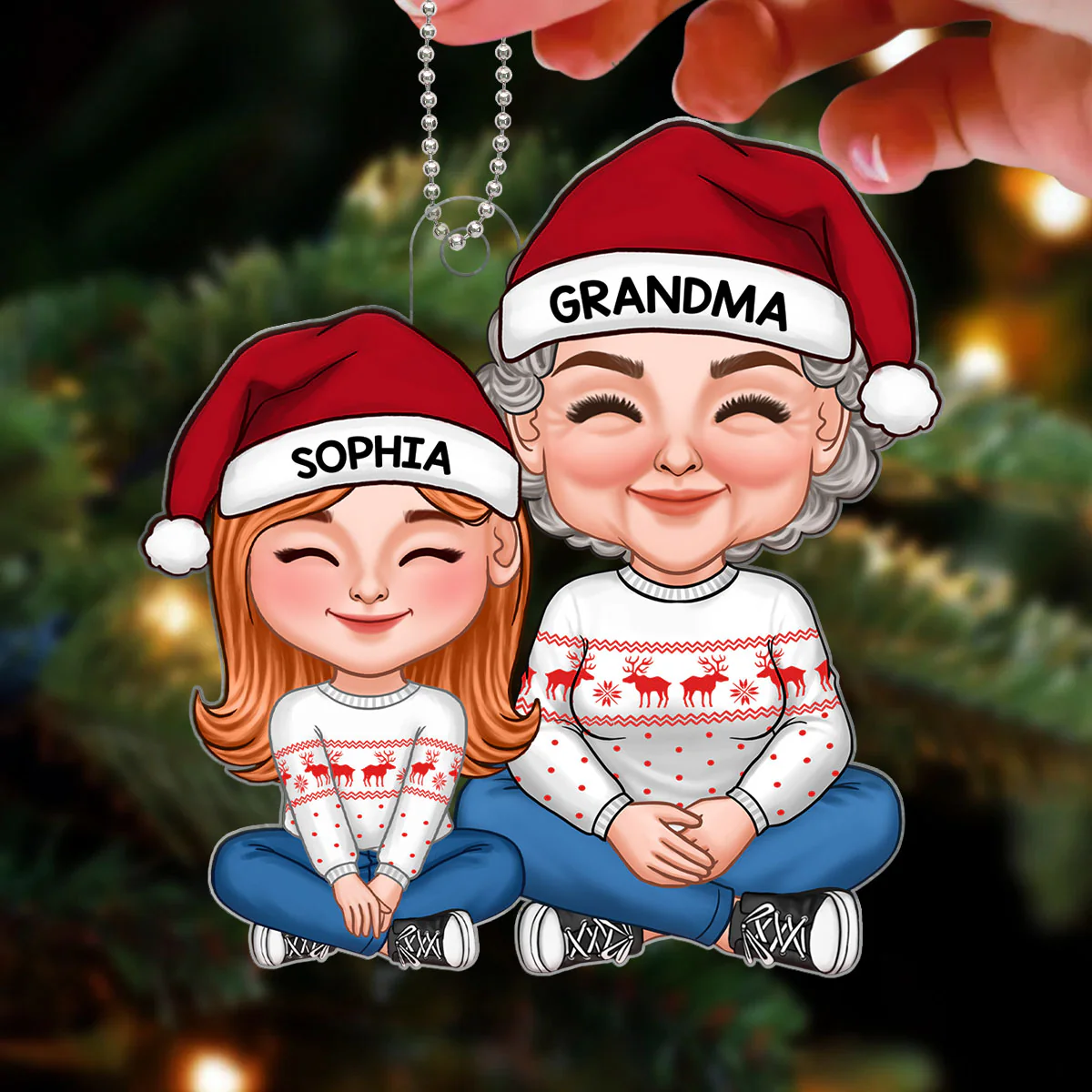 New Cartoon Grandma & Grandkid Sitting Together Personalized Acrylic Ornament - Image 3