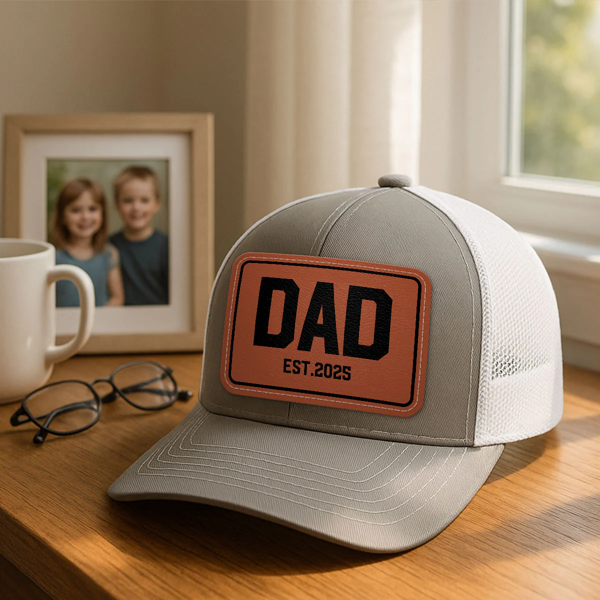 New Dad Mom Est. New Parents Gift Personalized Leather Patch Hat - Image 3