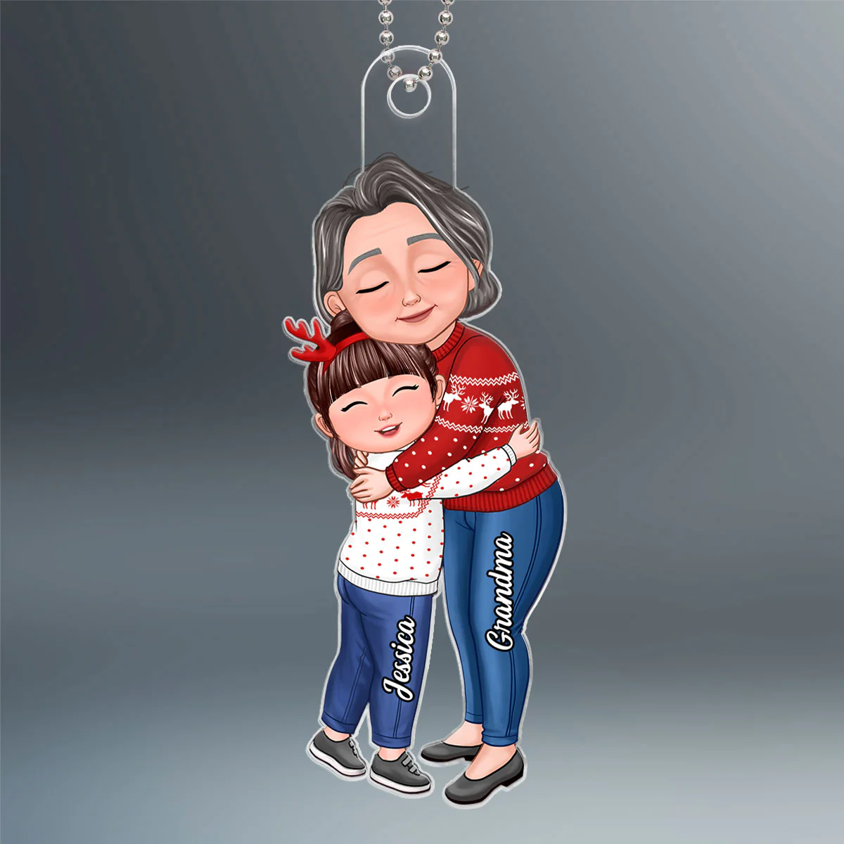 New Face Grandma & Grandkid Hugging Eyes Closed Personalized Acrylic Ornament - Image 2