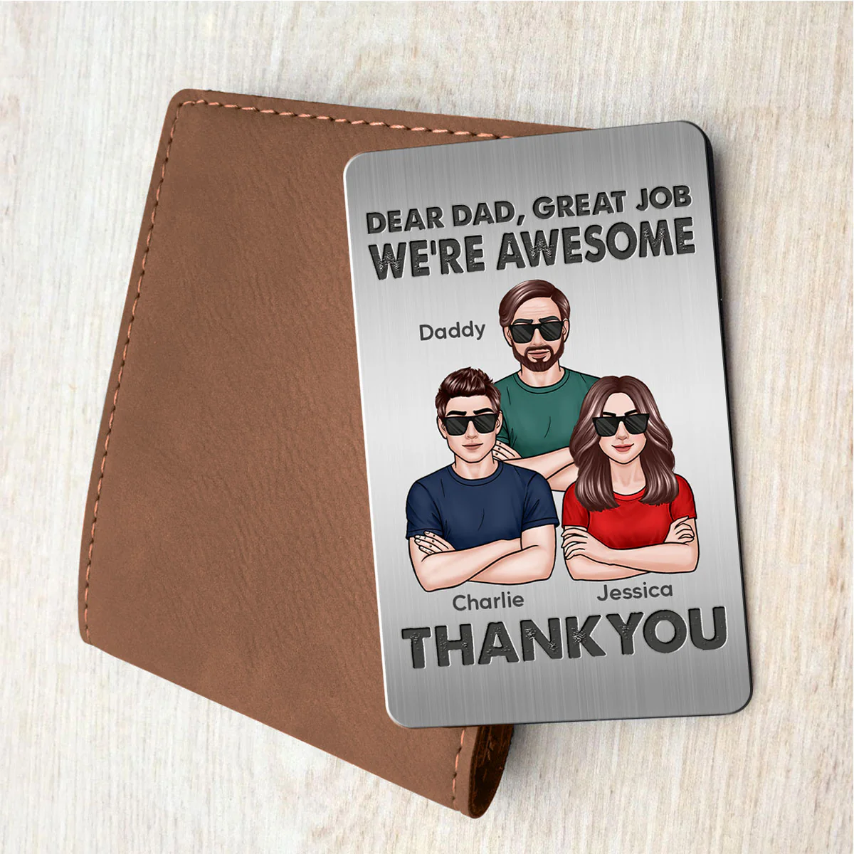 New Man Woman Crossed Arms Dear Dad We‘re Awesome Personalized Metal Wallet Card - Image 3